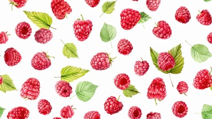 White seamless pattern with ripe raspberries and green leaves, ideal for energetic and fresh projects 