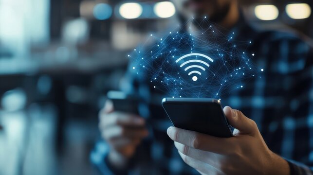 Wifi internet access concept. man using smartphone connect communication, social network, business contact, online shopping via internet wifi hotspot high speed. Fast internet wifi hotspot sharing.