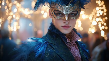 A person wearing an intricate blue feathered mask and costume at a masquerade ball, surrounded by soft, glowing lights. Mystery and elegance concept.
