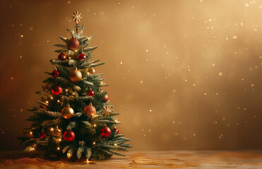 A beautifully decorated Christmas tree on golden or beige background with copy space for text