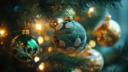 Handmade Christmas ornaments in green, gold, and white, hanging from a tree with glowing lights.