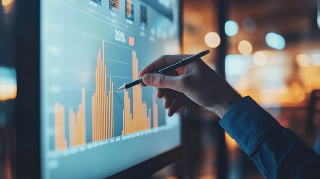 young business man hand holding pen and partner pointing graph chart for analyze the company's sales plan in the office.Generative AI