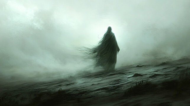 A ghostly figure hovering above a deserted battlefield, with faint whispers carried by the wind.