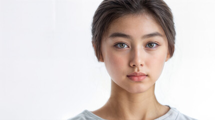 A studio portrait of a short-haired American Asian woman with short brown hair. She's wearing a white t-shirt.  Basic head shot isolated against a white background. Copy space.