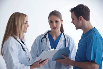 Fototapeta premium A professional medical team in uniform, discussing patient care or reviewing medical records.