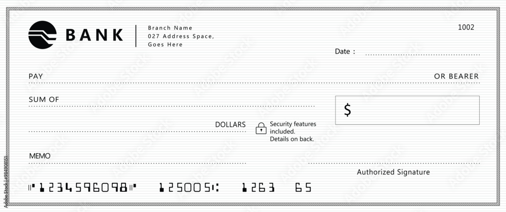 Wall mural empty money cheque. bank check. check book template with pattern and blank fields. currency payment 