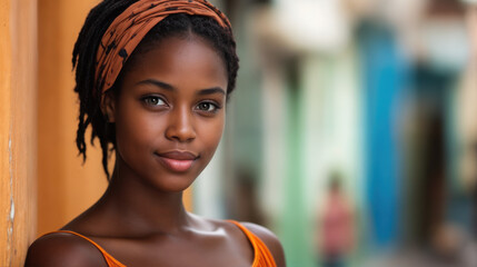A beautiful teenage Haitian woman standing outdoors. She has a slight smile and is wearing an orange bandana and an orange top. She is looking directly at the viewer. Copy space.