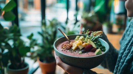 A trendy cafe with a person enjoying a healthy smoothie bowl.