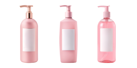 Set of Blank pink cosmetics bottle mockup for shampoo, handwasher, cleanser, lotion, liquid, soap, toner, on transparent background