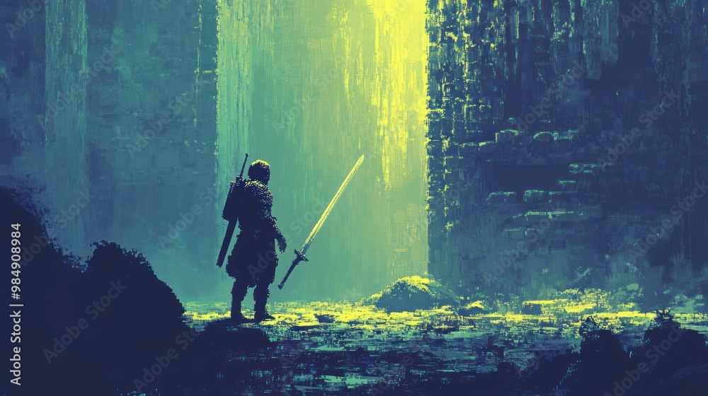 Canvas Prints A Silhouetted Warrior Stands Before a Glowing City Gate