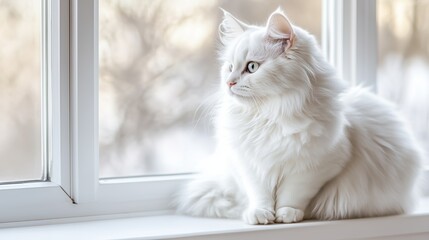 A fluffy white cat sitting on a white windowsill, with sunlight streaming in and a cozy.