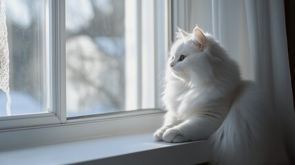 A fluffy white cat sitting on a white windowsill, with sunlight streaming in and a cozy.