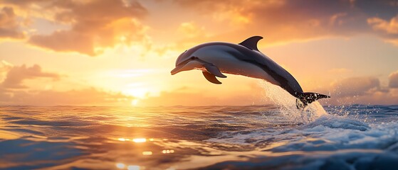 A stunning dolphin gracefully leaps from the ocean against a vibrant sunset, capturing the beauty of marine life in motion.