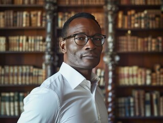 Fototapeta premium A man wearing glasses stands in front of a library with books, generative ai image