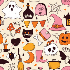 Seamless bright halloween pattern. Halloween Happy holiday. Vector illustration.