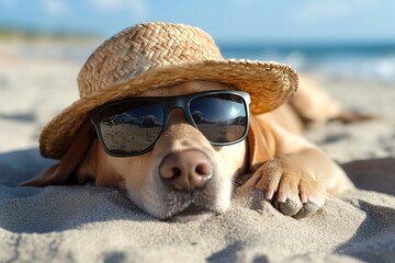 Beautiful labrador dog lying on beach sand with sunglasses and hat