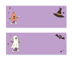 Set of horizontal Halloween backgrounds with copy space for text. Vector illustration with retro characters