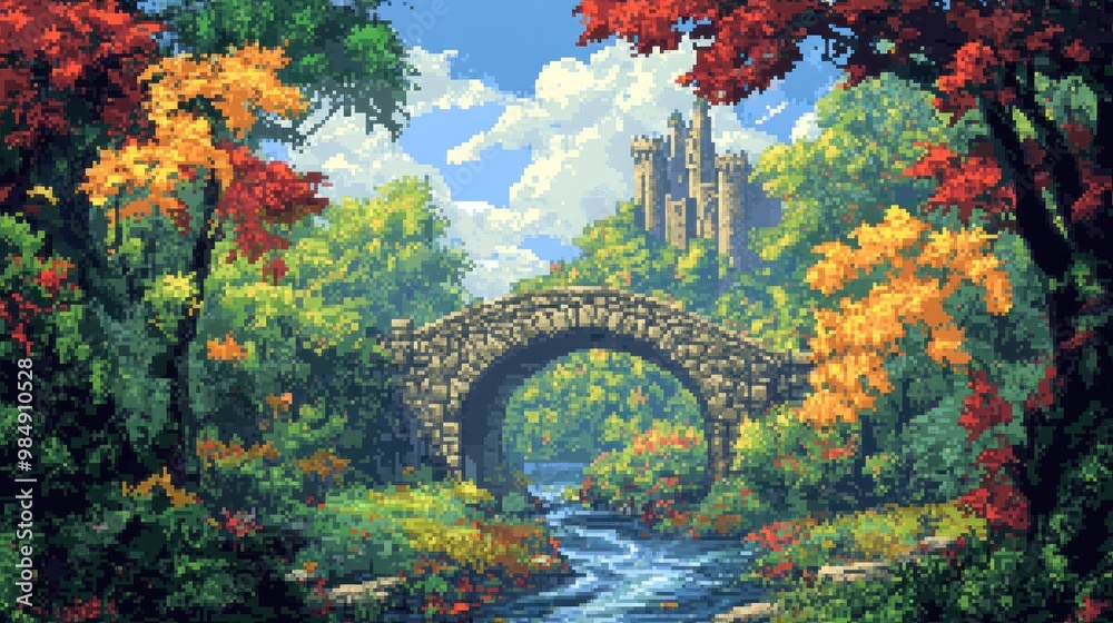 Wall mural Stone Bridge Leading to a Castle in a Forest