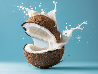 Coconut Shells Splashing Coconut Milk on Blue Background 