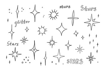 Big set of stars of different shapes in doodle style. Glow. Glitter. Sparkling stars, brilliant flashes of fireworks. Hand drawn