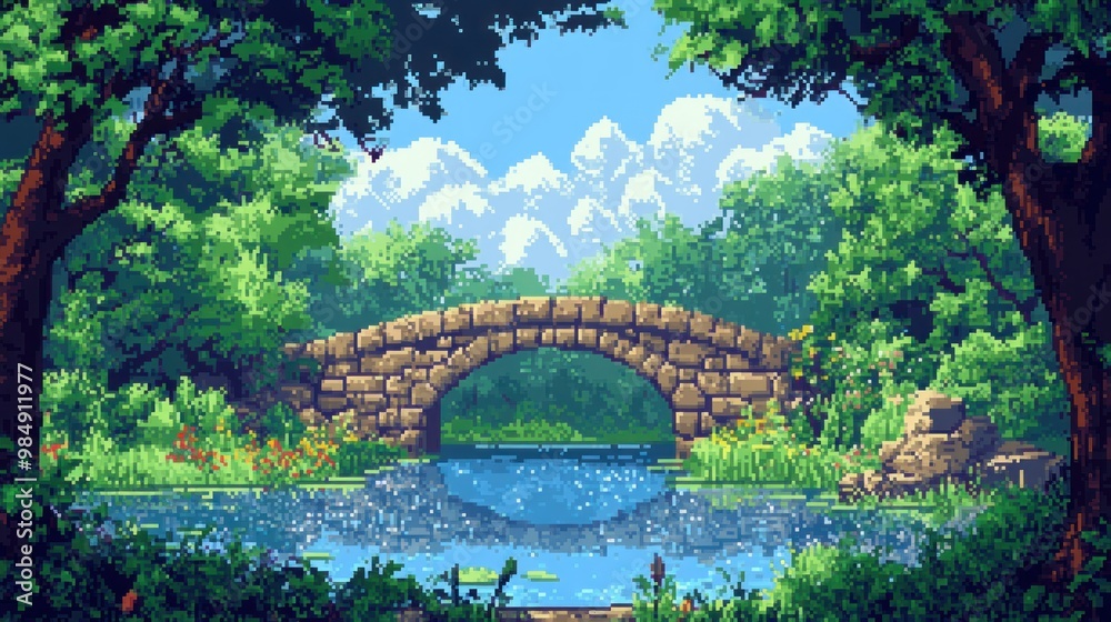 Sticker Stone bridge over a river surrounded by lush greenery, mountains and a blue sky.