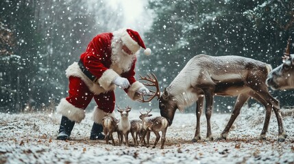 Santa Claus feeding his reindeer before heading off for his Christmas Eve journey, snow gently falling around them.