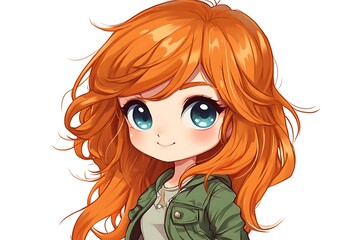 Obraz premium Cute anime girl with orange hair and blue eyes. Cartoon character with smiling face and green jacket. Kawaii illustration
