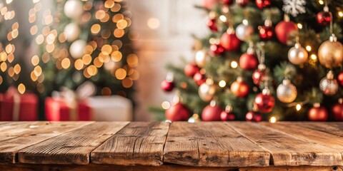 Rustic wooden table in front of a beautifully decorated Christmas tree with red and gold ornaments,...