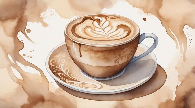 Artistic watercolor illustration of a coffee cup featuring intricate latte art on a cream and brown background