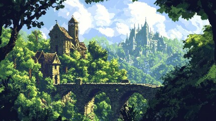 Naklejka premium Stone Bridge Leading to Medieval City and Castle in Lush Green Forest