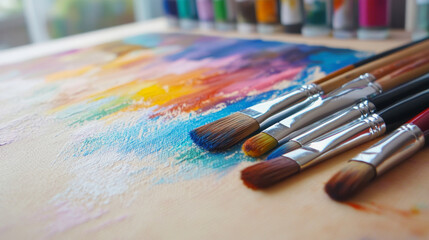 Fototapeta premium illustration of painted canvas with watercolors and brushes