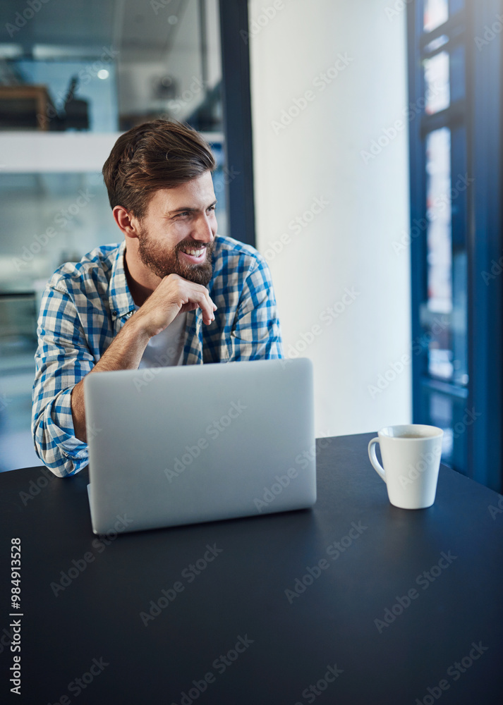 Poster Thinking, laptop and happy man at desk for email, online report or research planning at design agency. Business, brainstorming and computer, employee in creative office with internet idea and smile