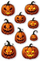 A sticker collection of jack-o'-lanterns with various expressive faces, showcasing a variety of spooky and mischievous designs. These pumpkins are brightly illustrated, perfect for Halloween.