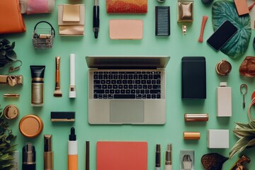 Flat lay of various items, including fashion, tech, and beauty products, with a laptop in the center