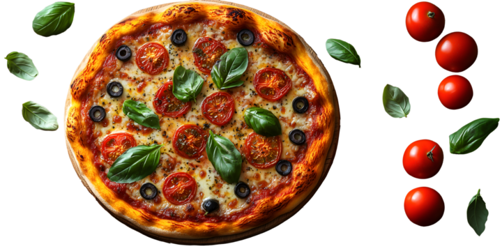 A freshly baked pizza topped with basil leaves, tomatoes, and olives, isolated on a white background with scattered tomatoes. Without backdrop