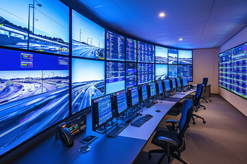 a smart highway control center, multiple screens monitoring traffic