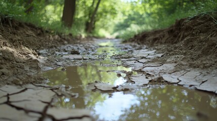 Fototapeta premium Severe drought affecting a river, with the water level drastically reduced and cracked soil visible