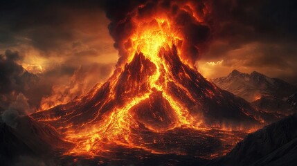 Volcanic eruption with lava flowing down a mountainside, destroying everything in its path