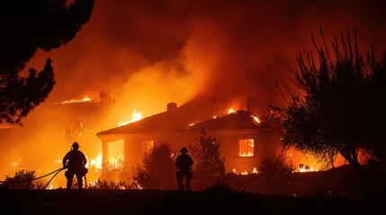 Firefighters dousing a burning residential area after a wildfire spread through the region