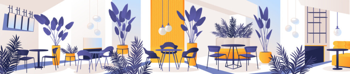 Interior scene of shopping center with food court area. Modern center has fashionable trendy furniture, comfortable and cozy space with tables and chairs. Vector flat illustration long banner