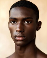 Obraz premium A young man stands calmly with a neutral expression, demonstrating striking features and smooth skin against a subtle, soft backdrop
