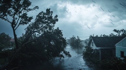 Tropical storm winds bending trees and tearing roofs off houses as rain pours down in a small town © Nonnarit