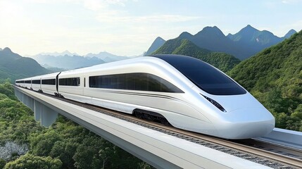 A high-speed train glides through lush greenery in China, highlighting the contrast between modern technology and an ancient building nestled in the mountains