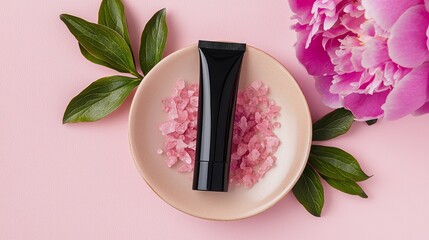 Pink Salt and Skincare Tube on Pink Background