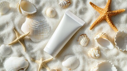Sea-themed flat lay with skincare product and shells