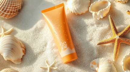 Vibrant Sunscreen Tube Surrounded by Beach Elements
