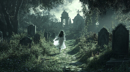 A ghostly child running through an overgrown cemetery, her laughter echoing in the distance.