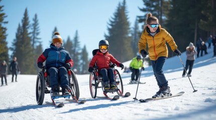 Adaptive skiing session on a winter mountain slope with individuals using wheelchairs and skis