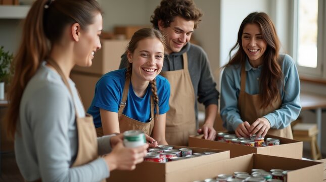 Teens volunteer at a local food bank packing canned goods with smiles and enthusiasm during a community service event
