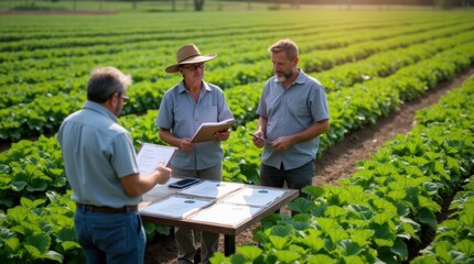 Inspectors and a farmer discuss organic farming certification on a lush green farm in the afternoon sun